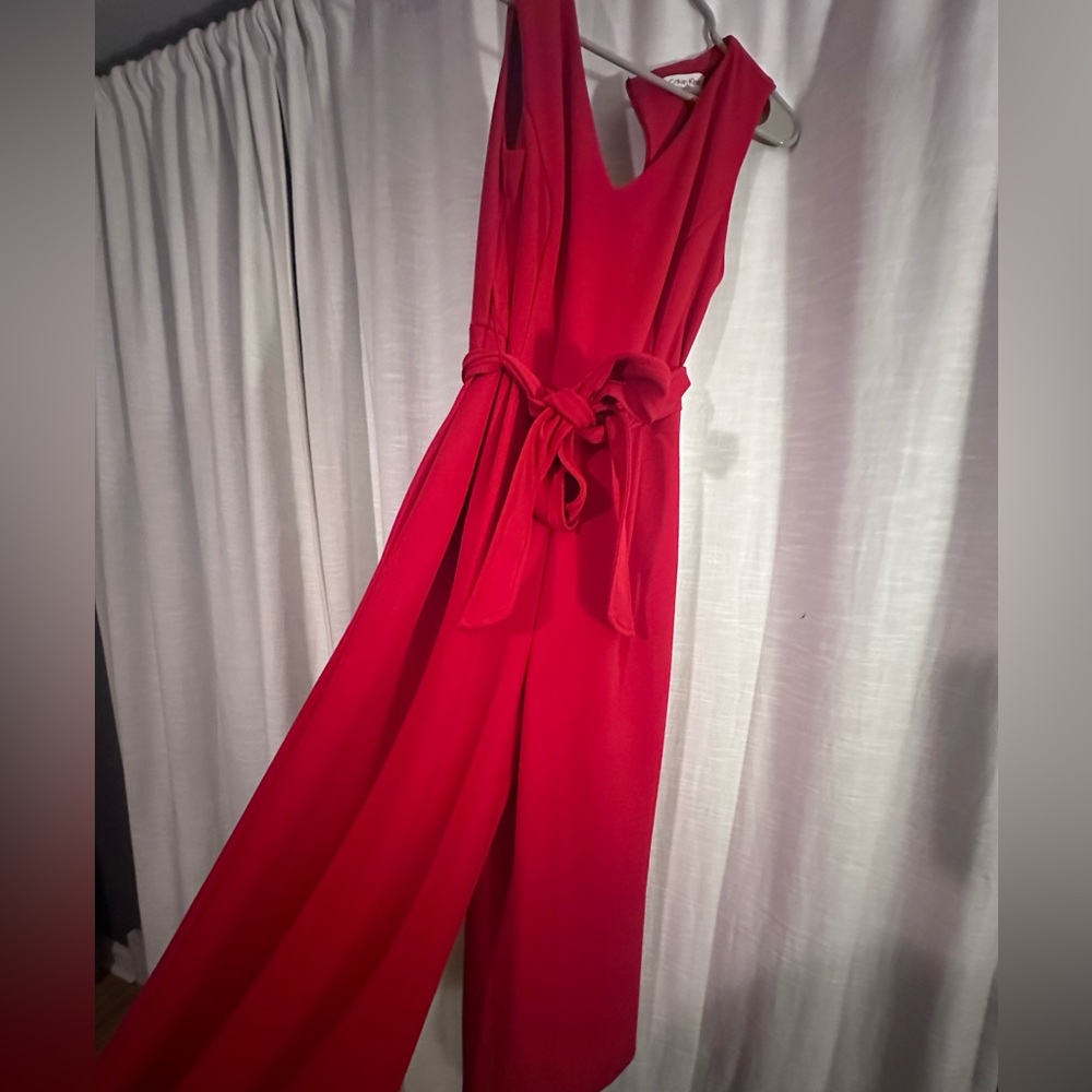 Calvin Klein Vibrant Red Sleeveless Wide-Leg Jumpsuit with Tie Waist